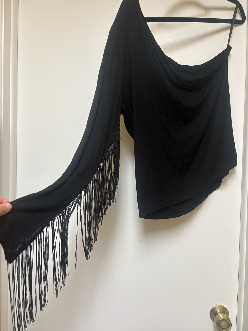 Black One-Shoulder Fringe Sleeve Top